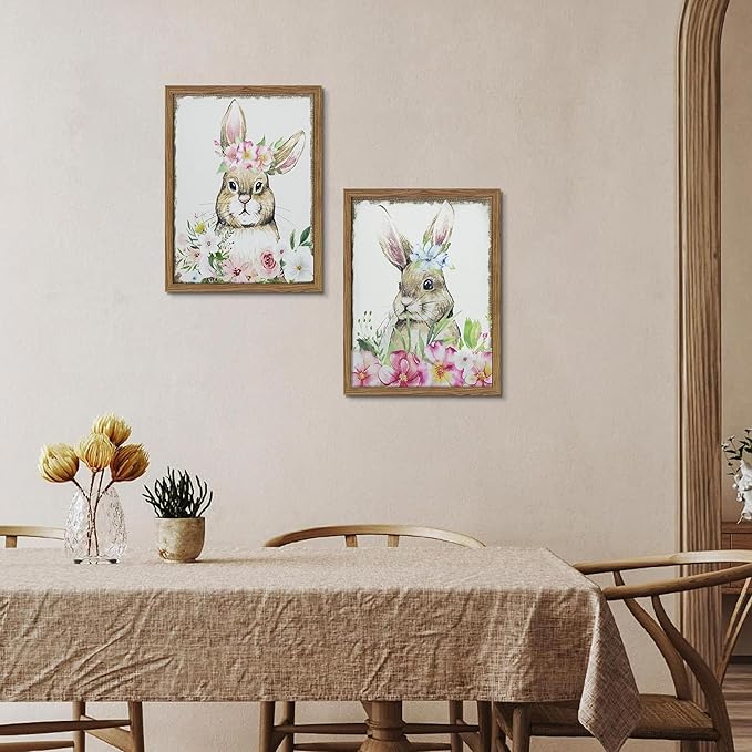Framed Vintage Easter Wall Art Decor, Easter Bunny Picture Wall Decorations Set of 2, Spring Rustic Rabbit Poster Prints Painting for Kids Room Living Room Bedroom 16x24 Inch