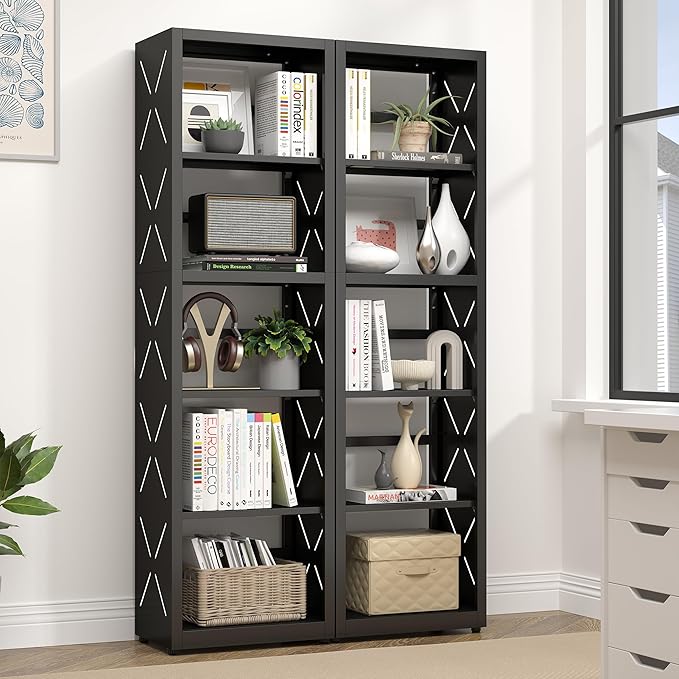 5 Tier Bookshelf, 55"Tall Metal Bookcase with Adjustable Shelves, Modern Display Book Shelf, Black Bookcase Shelf, Utility Shelf, Storage Shelves for Office, Living Room, Kitchen, Study-16"W