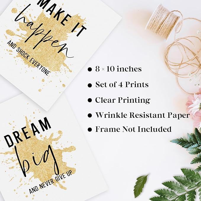 QLMX Gold Office Inspirational Wall Art Prints Set of 4, Motivational Gold Prints Wall Decor for Office Women Men, Positive Quotes Poster for Home 8”x10” Unframed