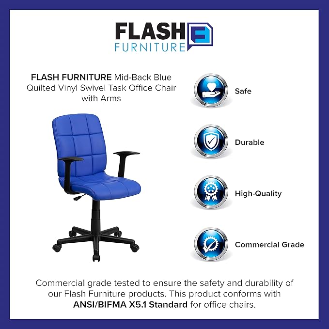 Flash Furniture Clayton Mid-Back Blue Quilted Vinyl Swivel Task Office Chair with Arms