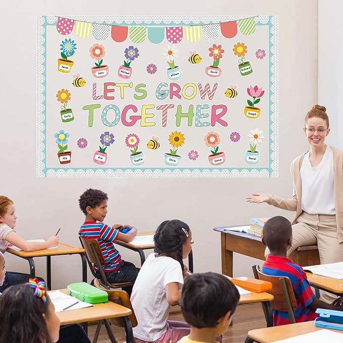 Pajean Spring Bulletin Board Let's Grow Together Classroom Decorations Growth Potted Plant Flower Paper Cutouts for Wall Door Window Home Elementary Preschool Teacher Supplies