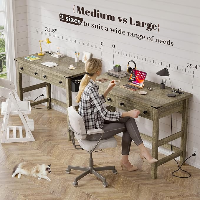 EnHomee 40" Small Desk with Power Outlets, Computer Desk with Drawers for Bedroom and Home Office, Writing Desk with Drawers and a Side Pocket, Vanity Desks for Bedroom, Dark Rustic Oak