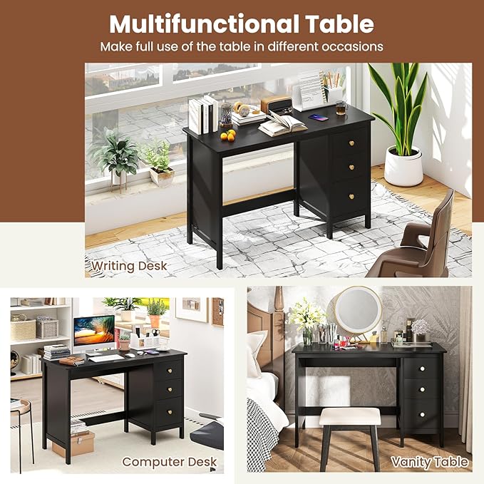 GOFLAME Computer Desk w/ 3 Drawers, 48" Wide Writing Desk with Storage, Laptop Study Desk w/Anti-tip Kit, Modern Home Office Desk, Wooden Workstation, Vanity Table for Study, Office,Black