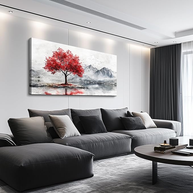 QIYILEXWART Large Wall Decor For Living Room Canvas Wall Art For Office Modern Wall Decorations For Bedroom Red Tree Landscape Painting Farmhouse Pictures Artwork Room Home Decor 24x48 In