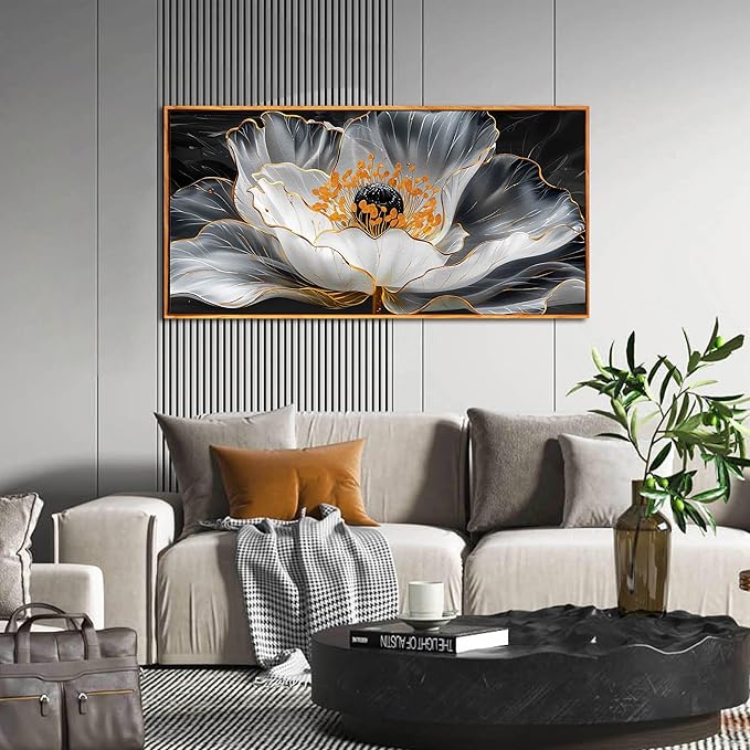 Gold Wall Art White Wall Pictures Beautiful Flower Wall Decorations for Living Room Black Artwork 24"x48" Art for Home Office