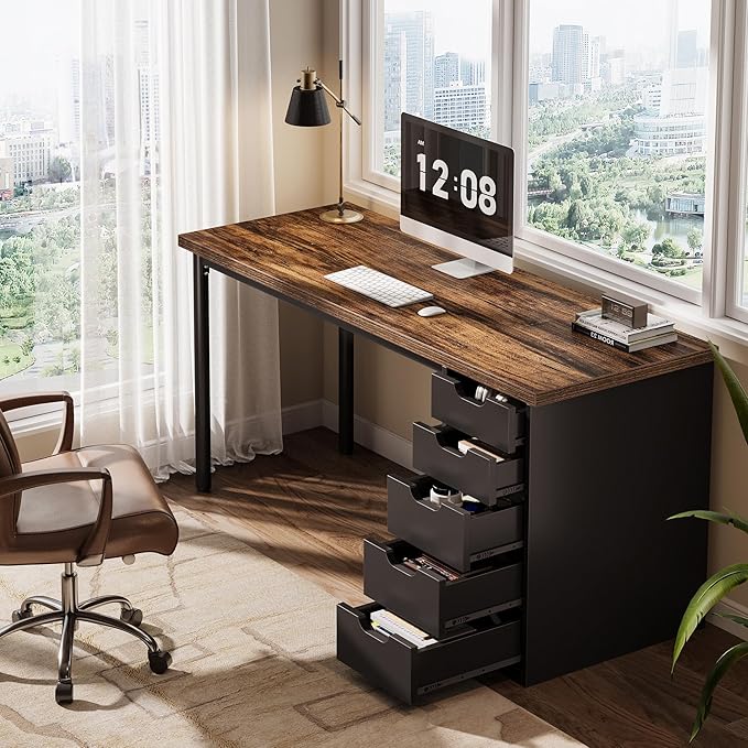 Tribesigns Modern Simple Computer Desk, 47 Inches PC Desk with 5 Reversible Drawers, Rustic Brown Study Writing Table Workstation for Home Office Small Spaces (Brown+Black)