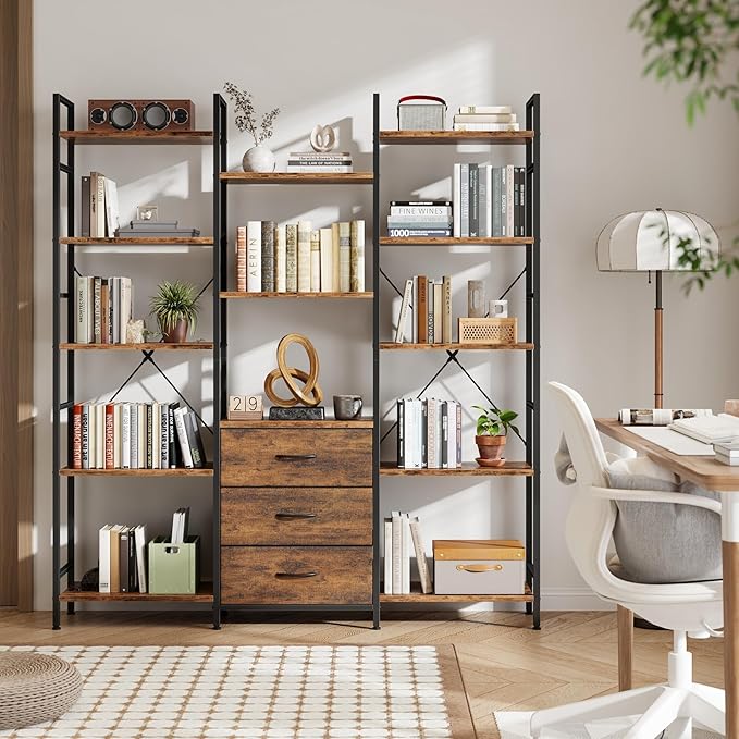 Triple Bookshelf with 3 Fabric Drawers, 5-Tier Book Shelf and 10 Display Shelves, Industrial Large Bookcase for Home & Office, Rustic Brown, 47'' Wide