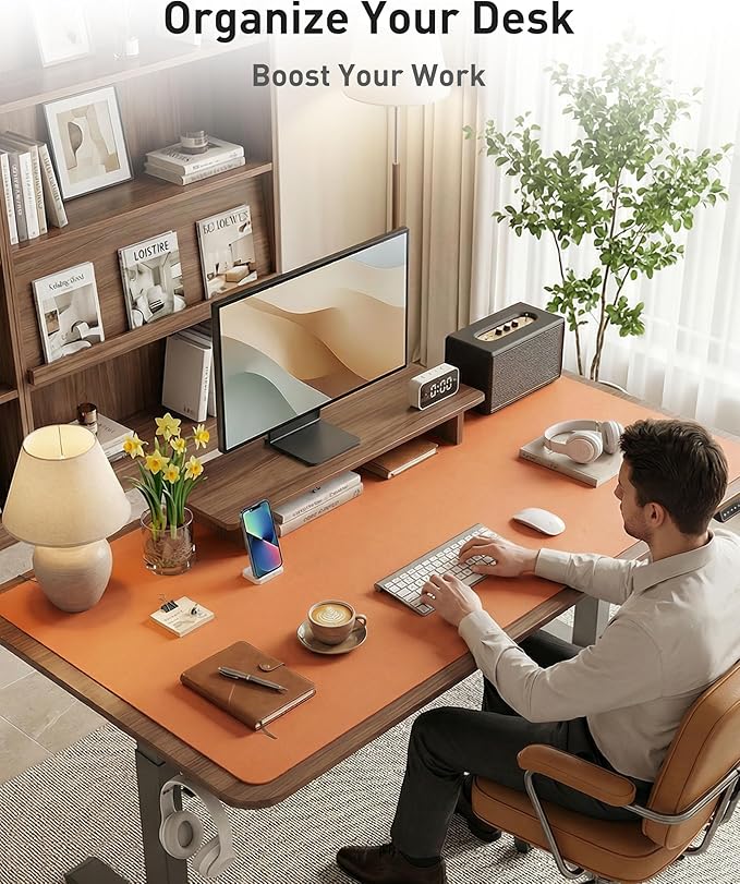 Aothia Faux Leather Desk Mat - Large Mouse Pad, Non-Slip PU Leather Blotter, Waterproof Writing Surface for Office and Home (Orange, 42" x 17")
