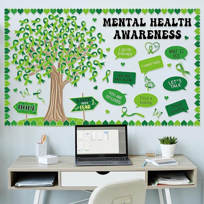 Mental Health Awareness Bulletin Board Set Positive Sayings Therapy Classroom Decorations Green Ribbon Mental Health Paper Cutouts for Motivational Inspirational School Wall Decor Teacher Supplies