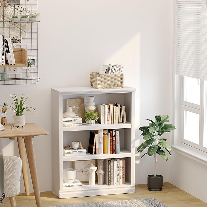 blini White Bookshelf and Bookcase Set of 2, Double Wide Large Bookshelves Wooden 3 Tier Tall Bookshelf with Storage Cabinets for Living Room, Home Office, Library (White, 3-Shelf)