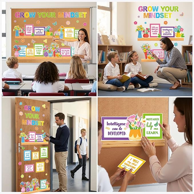 Qilery Growth Mindset Bulletin Board Set - Spring Floral Classroom Decorations & Positive Affirmation Wall Art, Motivational Potted Plant Cutouts for Teacher & Elementary School Counselor