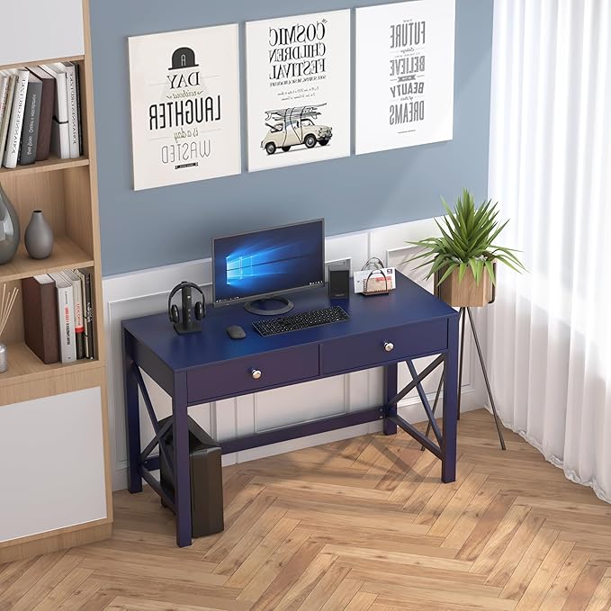 WiberWi Home Office Desk with Drawers, Modern Writing Computer Desk for Bedroom, Small Navy Makeup Vanity Table Study Table