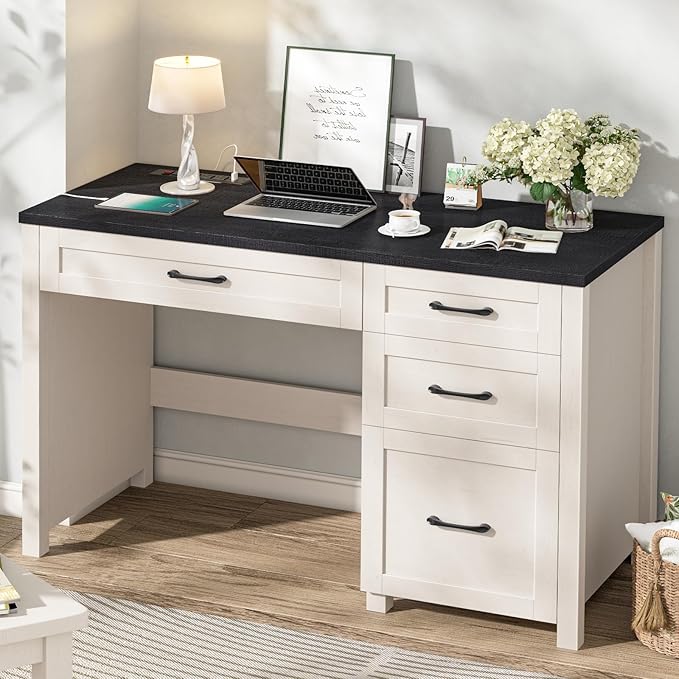 Farmhouse 47" Executive Desk, Computer Desk with File Drawer and Charging Station, Workstation for Home Office, Study(Black).