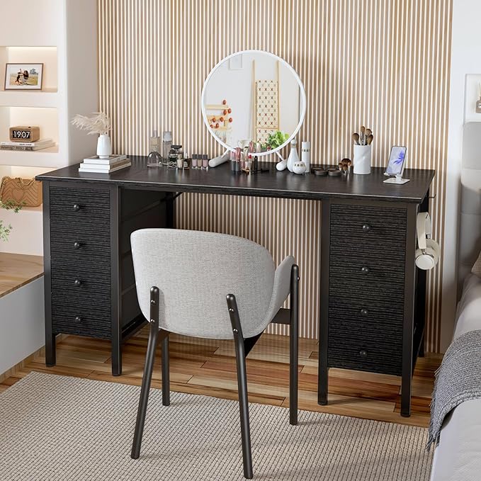 DLisiting Black Gaming Desk with Fabric Drawers on Both Sides, 55 Inch Home Office Computer Study Writing Work PC Desk with 8 Storage Drawers Storage for Bedroom