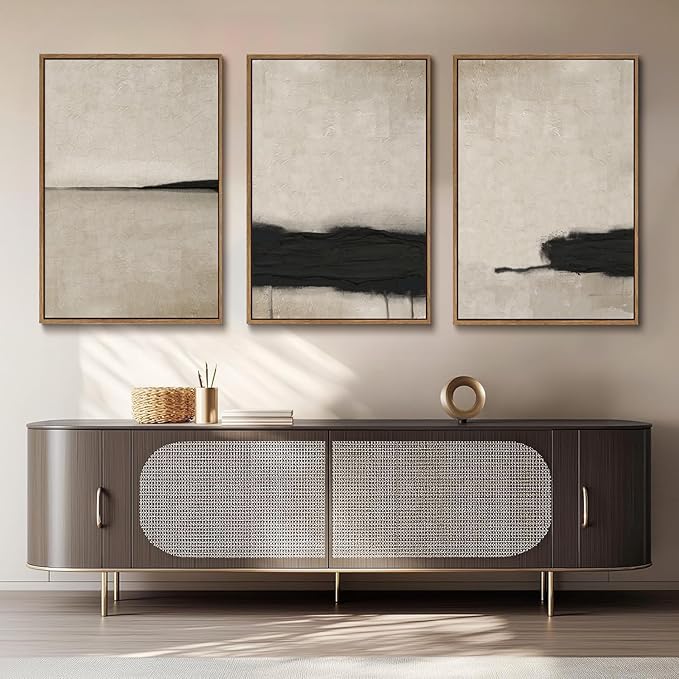 myusuar 3 Piece Large Modern Abstract Canvas Framed Wall Art For Living Room, Black And Beige Vintage Minimalist Wall Art Decor Posters Prints For Bedroom Office 24x36in