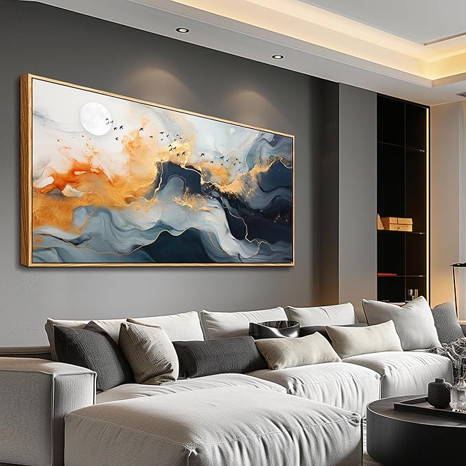 MHARTK66 Framed Wall Art Abstract Large Canvas Picture Marble Fluid Art with Gold Foil Moon & Bird Design Home Decor for Living Room Bedroom Hotel Office Wall Decorative Artwork Ready to Hang 24x48