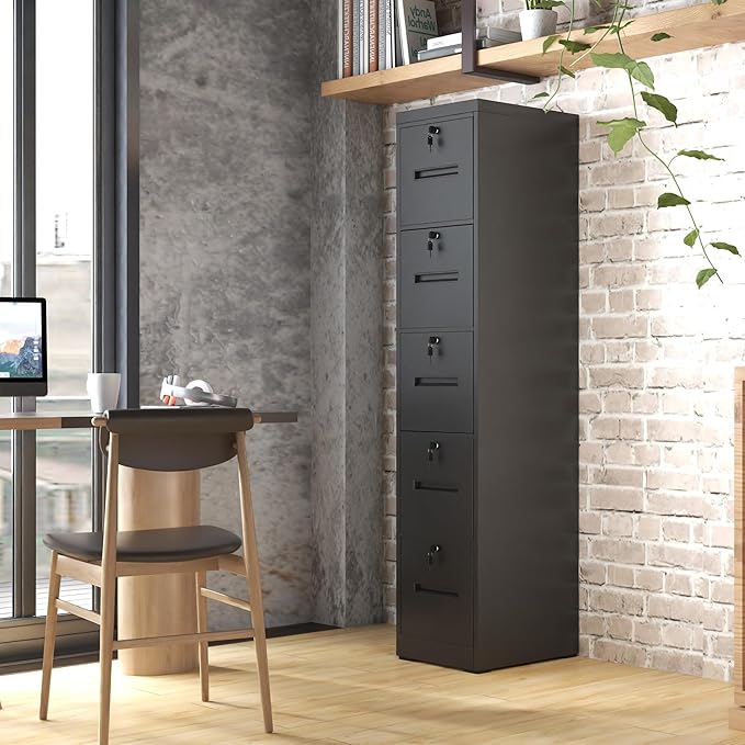 5 Drawer File Cabinet with Lock,Vertical Filing Cabinet with 5 Lockable Drawers,Black Metal File Cabinet for Home Office Steel File Cabinets for A4/Letter/Legal Size File,Assembly Required