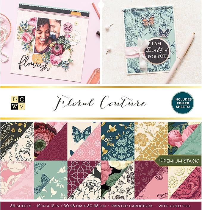 DCWV Printed Cardstock Paper 12x12, 36 Sheets of Scrapbook Paper for Crafts and Card Making, Double Sided Heavy Duty Cardstock with Foil Accents - Floral Couture