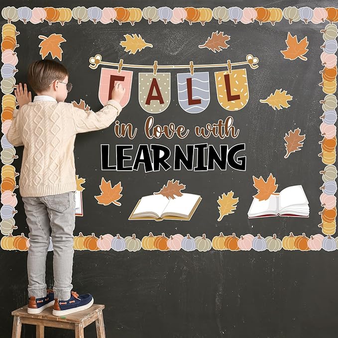 43Pcs Fall Thanksgiving Bulletin Board Decorations Set Autumn Boho Bulletin Board with Maple Leaves Pumpkin for Classroom School Home Wall Decor