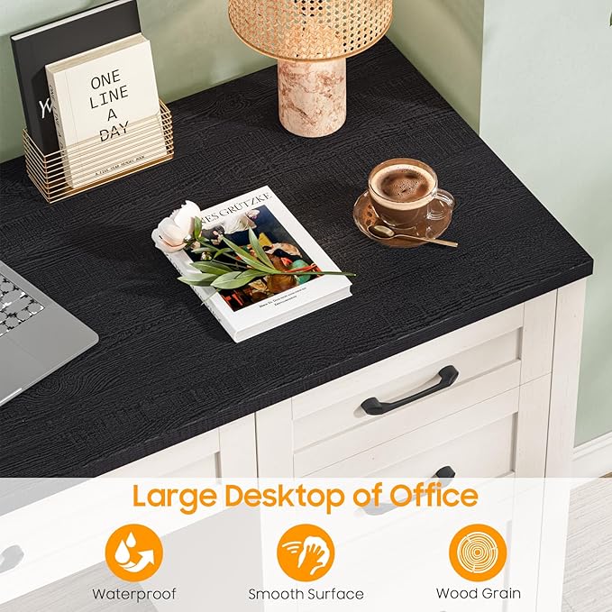Vabches Farmhouse 47" Executive Desk with 4 Drawers, Computer Desk with File Drawer and Charging Station, Workstation for Home Office, Study.(Black)