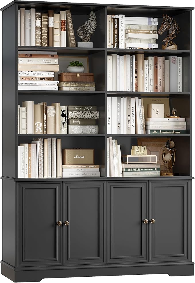 FINETONES 73" Black Bookshelf with Doors, 6 Tier Tall Bookshelf Double Wide Bookcases and Bookshelves with Storage, Large Display Cabinets for Home Office,Living Room, Library