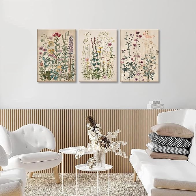TUEASKY 3 Piece Canvas Wall Art Wildflower Wall Decor Botanical Pictures Floral Paintings Vintage Prints Watercolor Artwork for Bedroom Living Room