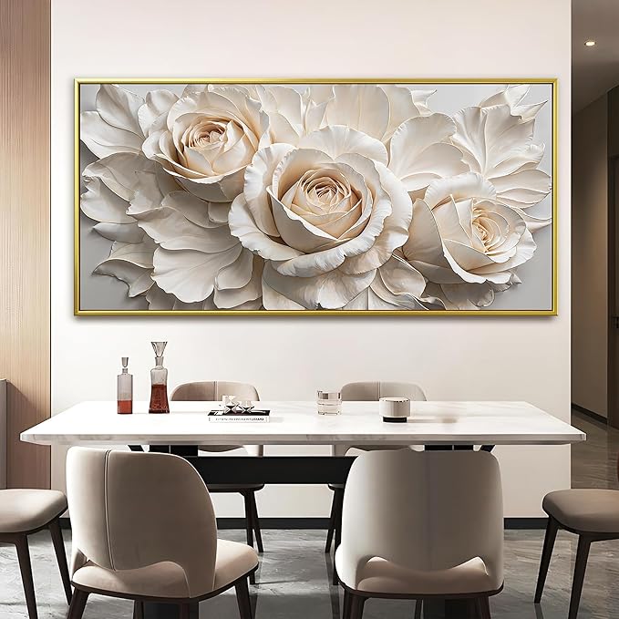QSQ Large Gold Framed Wall Art For Living Room Home Wall Decor Modern Canvas Art Wall Decor 29 X 58 Inches White Flower Wall Art Elegant Picture For Bedroom Hotel Office Artwork