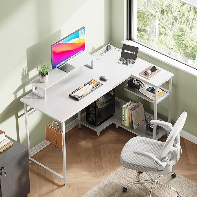 DEVAISE 47 Inch L Shaped Gaming Desk with LED Lights & Power Outlets, Corner Desk for Small Spaces, Sturdy PC Computer Table with Storage for Home Office, White
