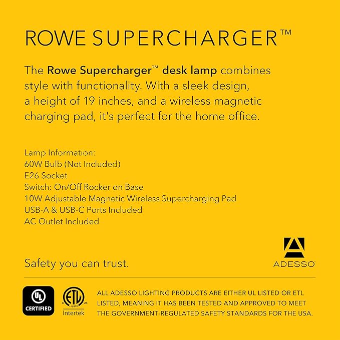 Adesso Supercharger Lamp with USB-A, USB-C, AC Outlet & Wireless Charging Pad – Brushed Steel Desk Lamp with Adjustable Shade and Power Station Base for Home, Office, or Dorm