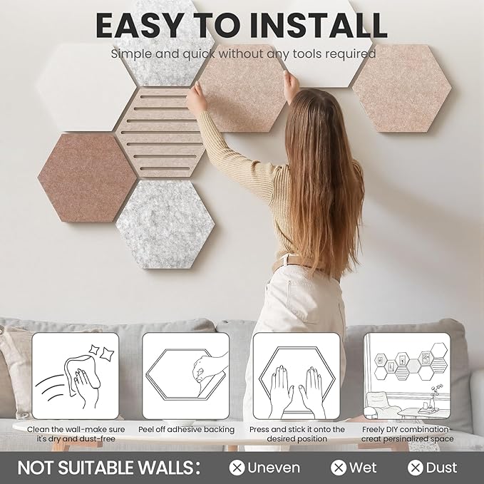 Hexagon Cork Bulletin Board Tiles, 10 Pack Felt Board with 25 Push Pins, Photo Display Board for Office & Home Classroom Wall Decor, 11.8x10.2 Inches