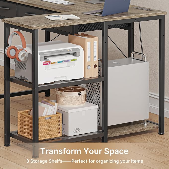 Gizoon 53 Inch L Shaped Computer Desk with Drawers, Corner Desk with Power Outlets & Reversible Storage Shelves with CPU Stand and 2 Hooks for Home Office Gaming (Grey)