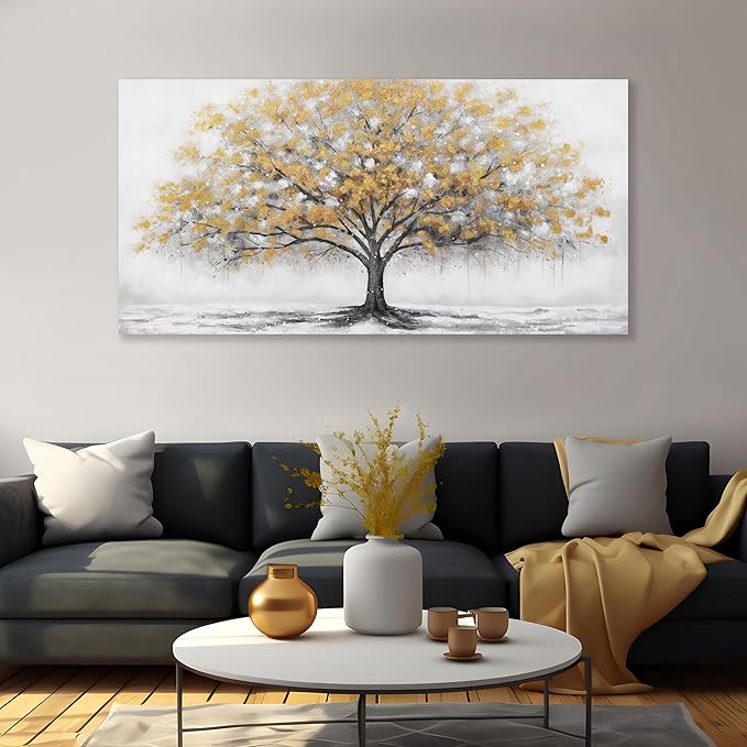 Glvzygy Wall Art Abstract Gold Tree of Life Canvas Modern Art Oil Painting Texture Tree Painting Living Room Bedroom Dining Room Home Office Decor Wall Decor 24" x 48"