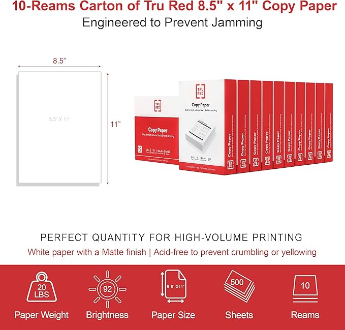 TRU RED 8.5x11 Copy Paper 20 lb. 92-Bright 5000 Sheets/Carton, For Office, School & Home