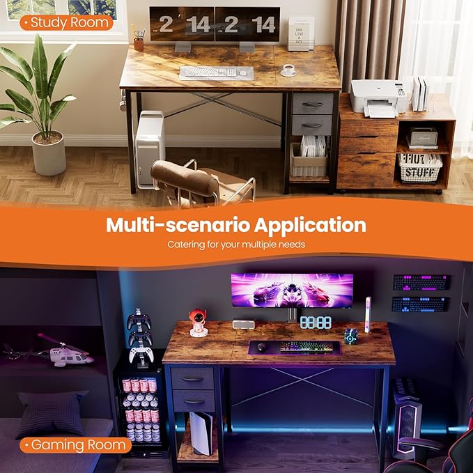 Sweetcrispy 47 Inch Computer Desk with Drawers for Home Office, Writing Desk with X-Shaped Reinforcement, Wood Table with Adjustable Position Drawers, Modern Study Work Table with Side Hook, Rust