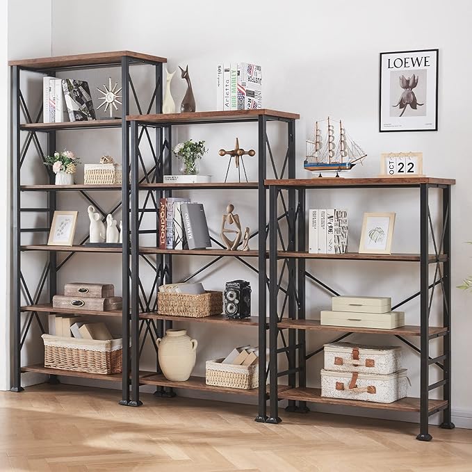 HOMBAZAAR 4 Tier Bookshelf, Industrial Book Shelf with Metal Frame and Open Shelves, Rustic Bookshelves and Bookcases, Heavy Duty Bookcase for Living Room, Bedroom and Home Office, Brown