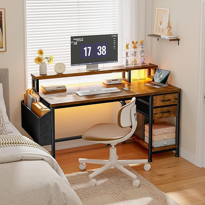 40" Computer Desk with LED Strip, Gaming Desk with Drawers & Storage Bag, Office Desk with Power Outlets & Monitor Stand, Home Office Desks for Bedroom, Gaming Room, Rustic Brown
