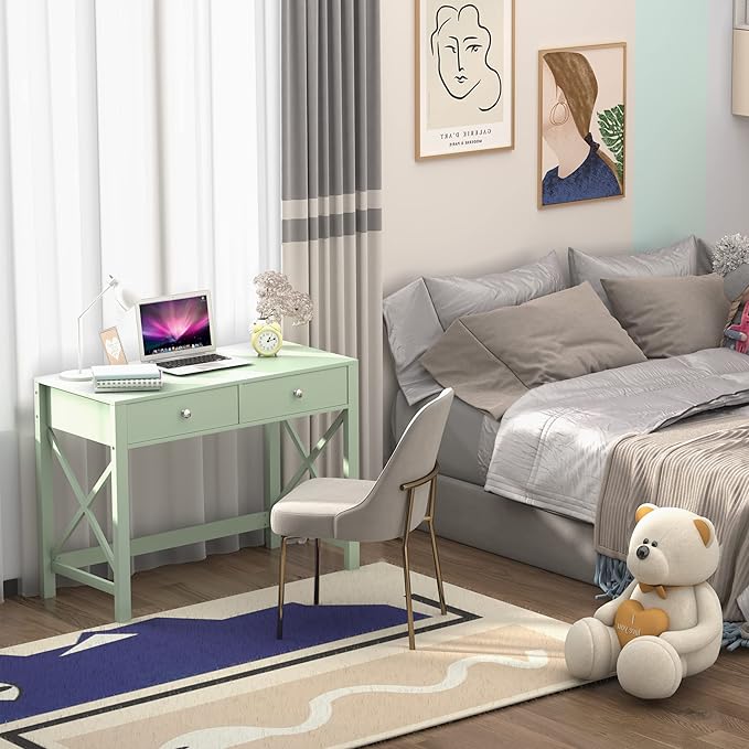 WiberWi Home Office Desk with Drawers, Small Writing Computer Desk for Bedroom, Modern Green Makeup Vanity Table for Girls, Study Table for Home Office