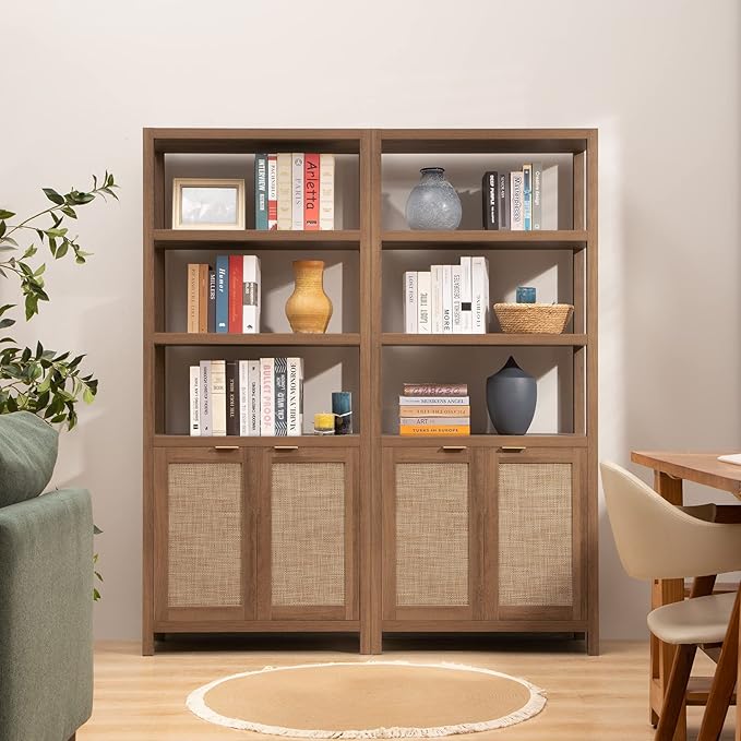 SICOTAS Bookshelf 5 Tier Book Shelf Rattan Boho 71" Tall Bookcase with Doors Storage Shelves Large Bookshelves Farmhouse Bookcases Library Book Case for Living Room Bedroom Home Office Kitchen