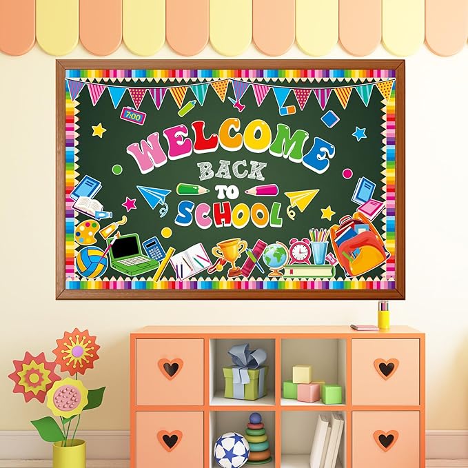 Welcome Back to School Bulletin Board Decorations First Day of School Theme Classroom Bulletin Board Border Set Pencil Notebook Schoolbag Paper Cutouts Preschool Chalkboard Wall Decor