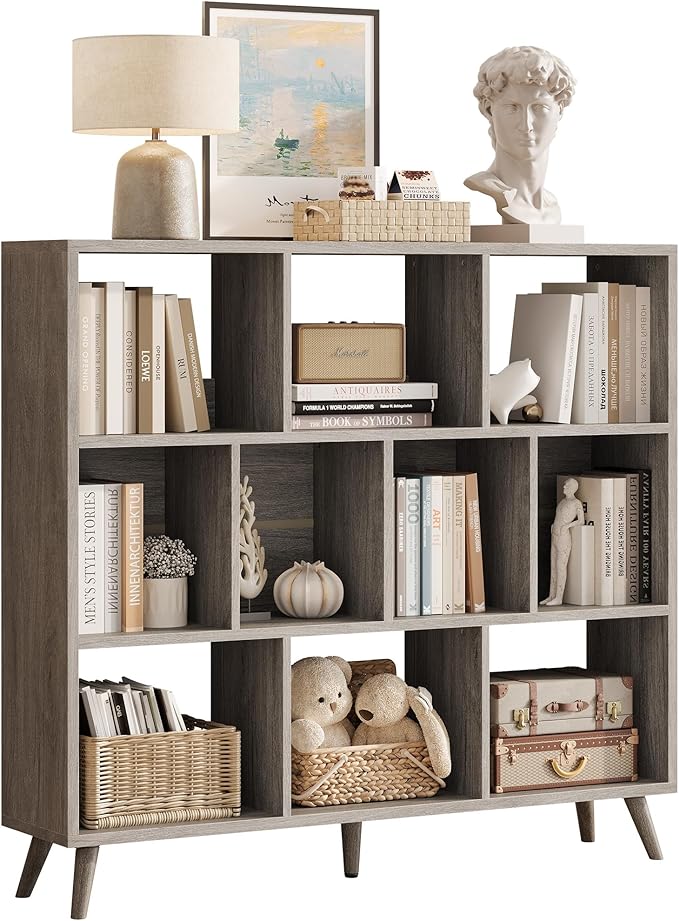 10 Cube Bookshelf, 3 Tier Wooden Book Shelf, Modern Black Short Bookcase with Solid Wood Legs, Small Book Cases Vintage Wide Storage Organizer with Open Shelf for Kids, Small Spaces, Bedroom, Office