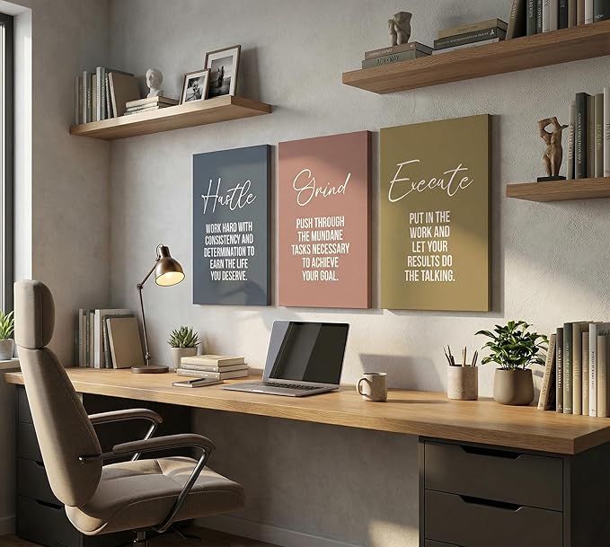 3pcs Inspirational Quotes Canvas Wall Art Uplifting Motivational Positive Office Wall Decor Pictures Hustle Execute Success Quotes Posters Prints for Living Room Bedroom Man Cave Decorations