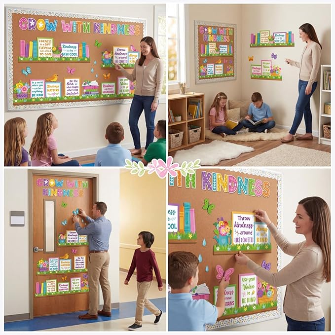 Qilery Grow with Kindness Bulletin Board Set Spring Classroom Decorations - Motivational Reading Posters for Teachers Elementary School Library Wall Decor Flower Book Cutouts for Kindness Week Display