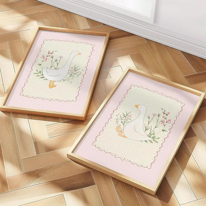 Vintage Nursery Wall Art Silly Goose Canvas Poster Pink Coquette Wall Decor Girls Room Pictures Baby Kids Poster Cute Animal Prints Floral Painting Artwork for Gallery Bedroom 16x24 Inch Unframed