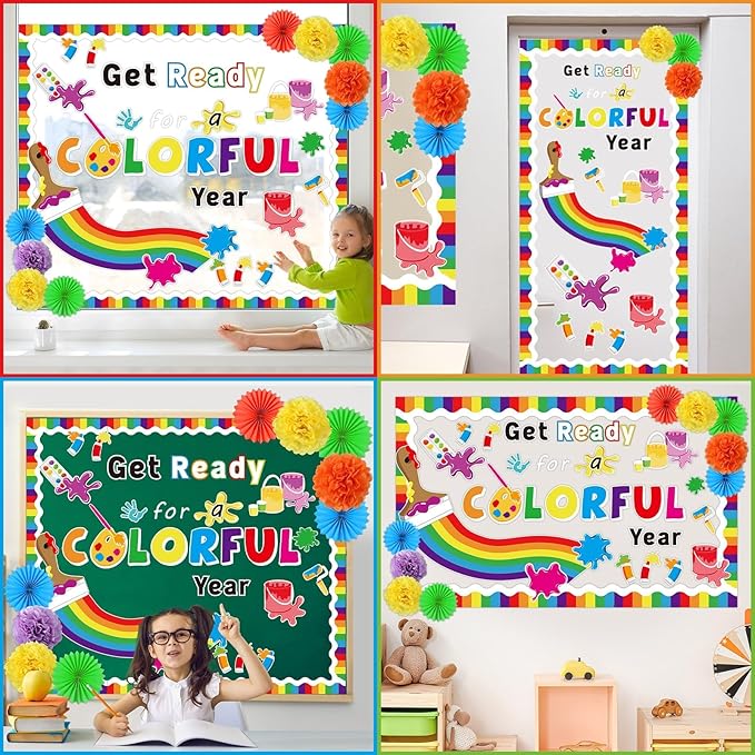Get Ready for A Colorful Year Bulletin Board Classroom Decorations 3D Colorful Back to School Bulletin Board Set with Tissue Paper Fans Pompoms Art Painting Cutouts for Offices Chalkboard Wall Supplie