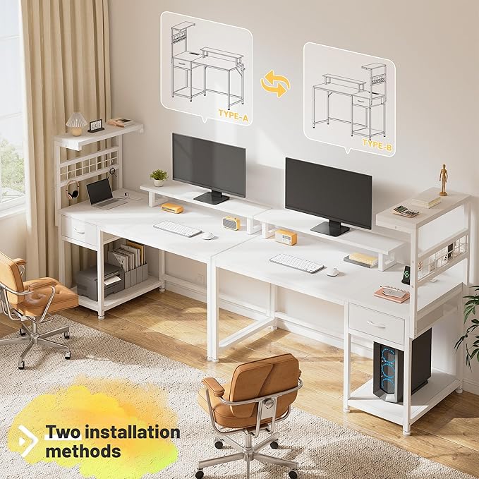 EnHomee 40" Computer Desk with Drawer & Storage Shelves, Home Office Desk with Monitor Stand, Gaming Desk with LED Lights & Power Outlets for Living Room, Study Room, Gaming Room, White
