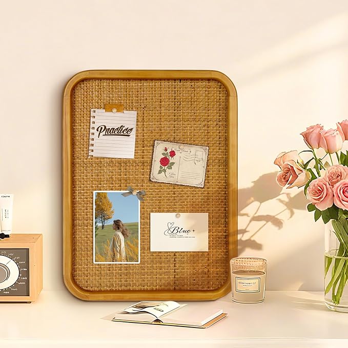 13" x 17" Bulletin Board, Round-Edged Rectangle Cork Board,Wooden Frame with Boho Style Rattan Wall Organizer,3343Teng