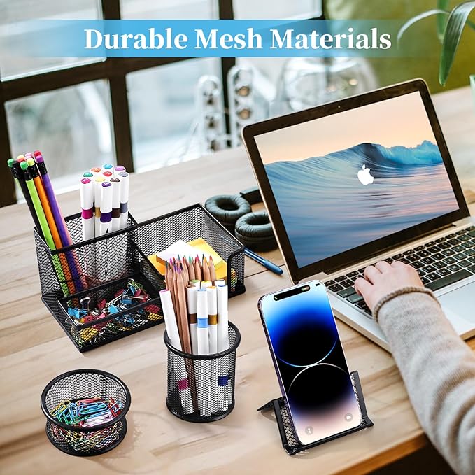 2-Piece Desk Pen & Pencil Organizer - Mesh Metal Pen Cup with Sticky Notes Holder, Black | Pen Cup, Marker Holder, Desk Caddy, Pen Organizer, Workspace
