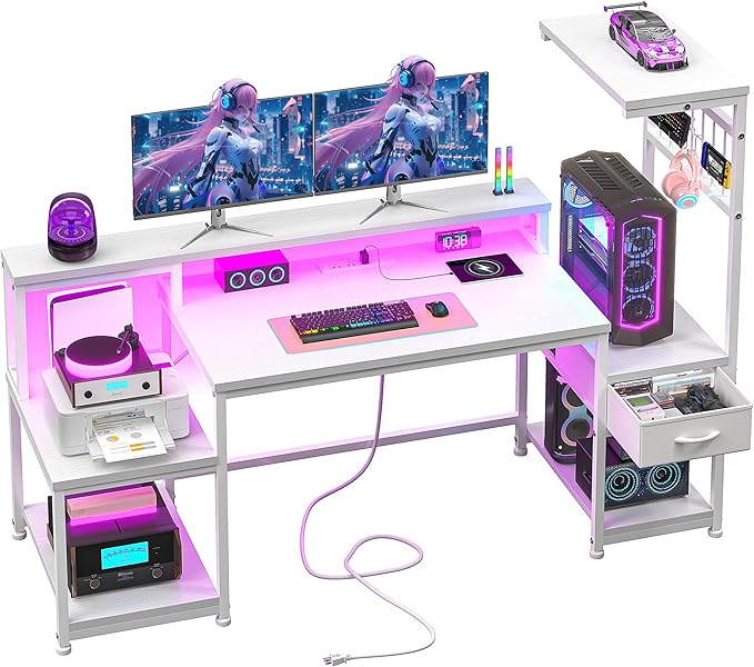 55" Gaming Desk with LED Lights & Outlets,Computer Desk with Drawers & Monitor Stand,Gaming Table with Storage Shelves & Printer Space for Game Room,Study Room,Home Office,Bedroom,White