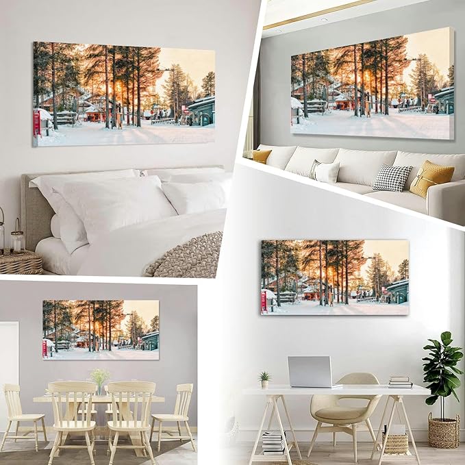 Sunset at Santa Village Lapland Canvas Wall Art Large Framed Prints Pictures Wall Decor Posters Painting Artwork for Living Room Bedroom Kitchen Bathroom 12x24