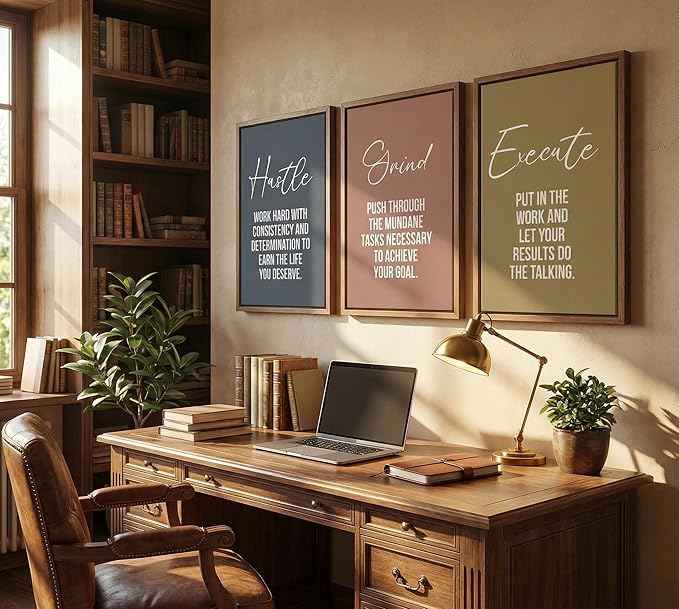 3pcs Inspirational Quotes Canvas Wall Art Hustle Execute Success Quotes Posters Prints Uplifting Motivational Positive Office Wall Decor Pictures for Living Room Bedroom Man Cave Decorations unframed